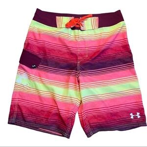 Under Armour Size 32 Red Yellow Striped Heat Gear Loose Board Shorts Poc…